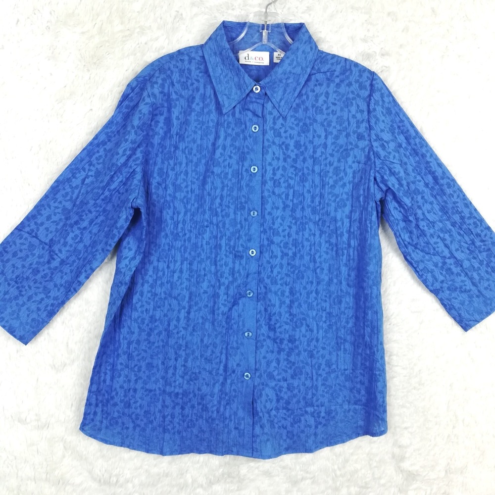 D & Co Womens Shirt Button Up 3/4 Sleeve Blue Floral Print Sheer Casual XS